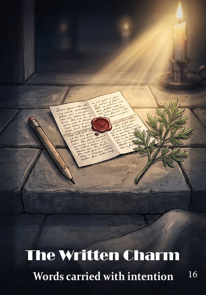 The Written Charm oracle card from the Hearth & Hedge Oracle deck