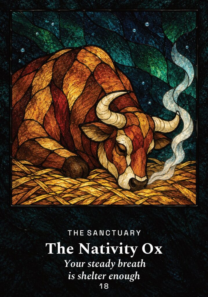 The Nativity Ox oracle card from The Yule Beasts Oracle deck