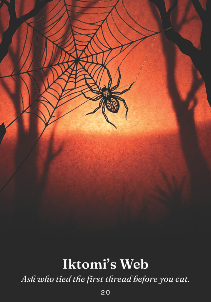 Iktomi’s Web oracle card from the The Trickster Oracle deck
