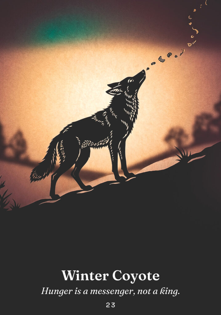 Winter Coyote oracle card from the The Trickster Oracle deck