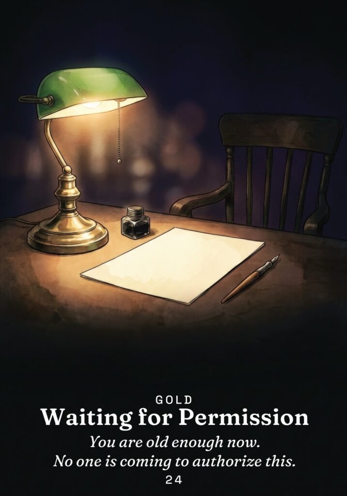 Waiting for Permission oracle card from The Gold in the Dark deck