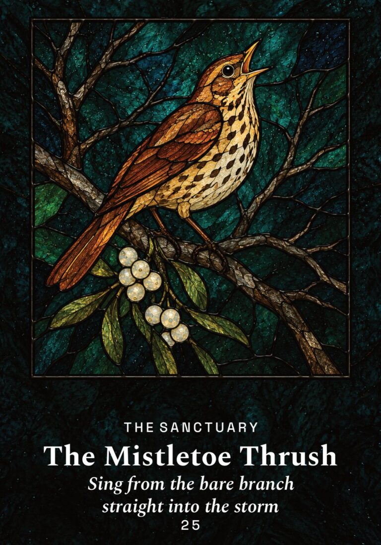The Mistletoe Thrush oracle card from The Yule Beasts Oracle