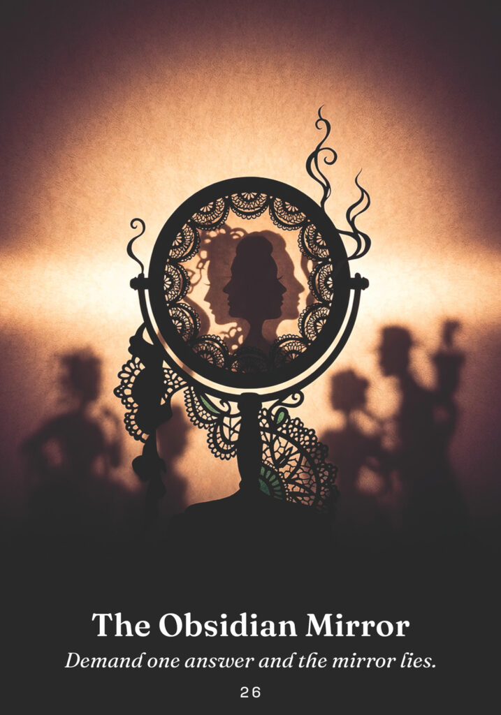The Obsidian Mirror oracle card from the The Trickster Oracle deck