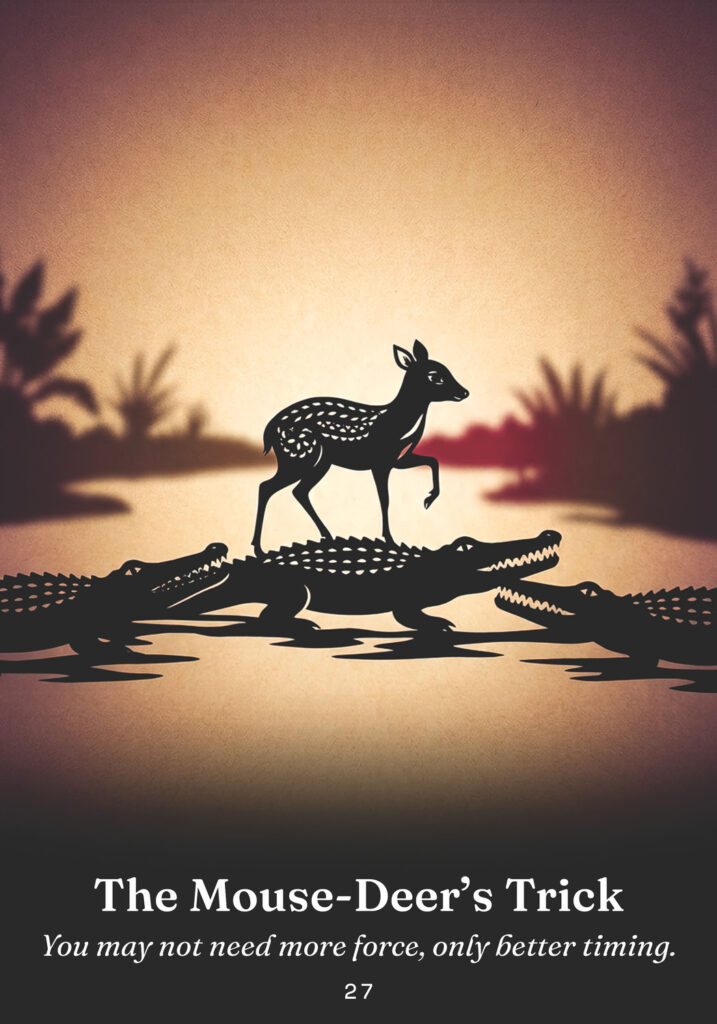 The Mouse-Deer’s Trick oracle card from the The Trickster Oracle deck