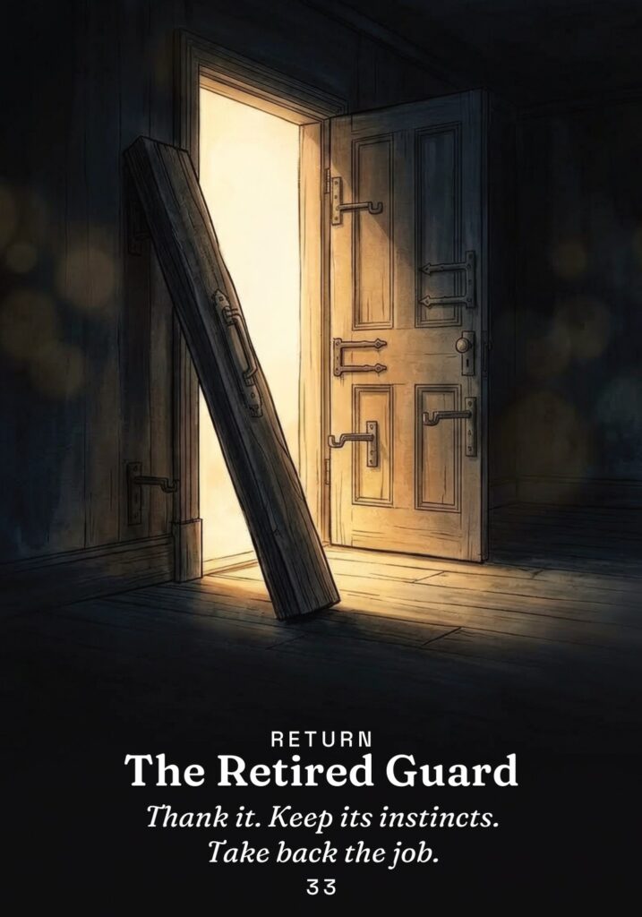 The Retired Guard oracle card from The Gold in the Dark deck
