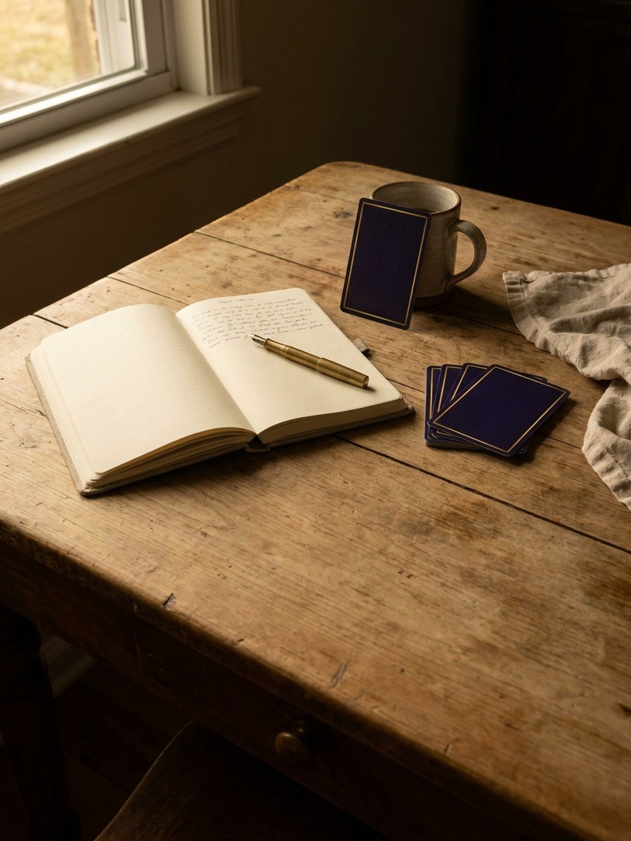 An open journal with a brass pen on a wooden table at dawn, one oracle card face down leaning against a stoneware cup, three more cards stacked nearby