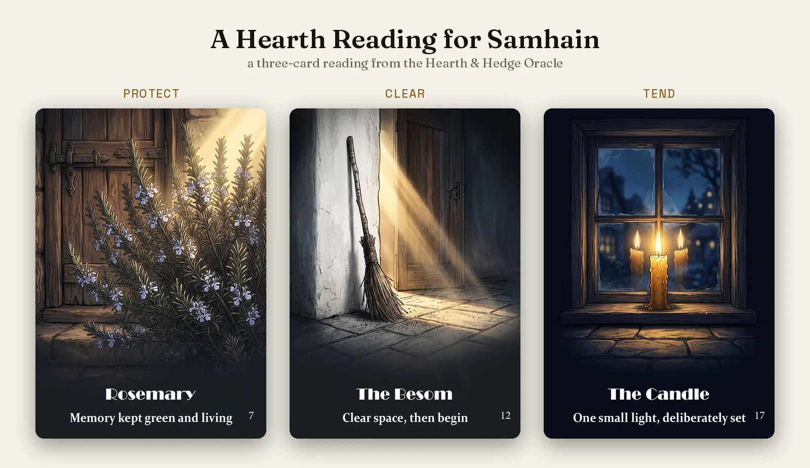 Three Hearth and Hedge Oracle cards laid left to right: Rosemary, The Besom, The Candle