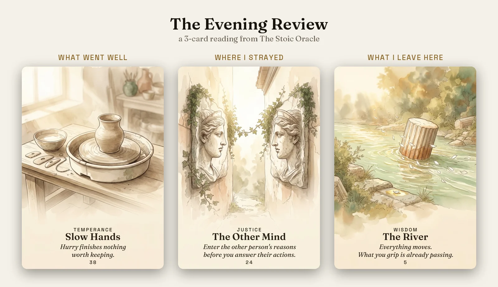 The Stoic evening review spread: Slow Hands, The Other Mind and The River from The Stoic Oracle.