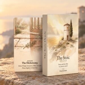 The Stoic Oracle box beside The Dichotomy card on a sunlit stone ledge above the sea