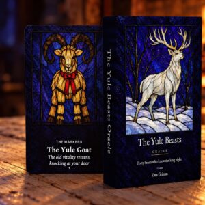 The Yule Beasts oracle deck box with The Yule Goat and The White Stag cards
