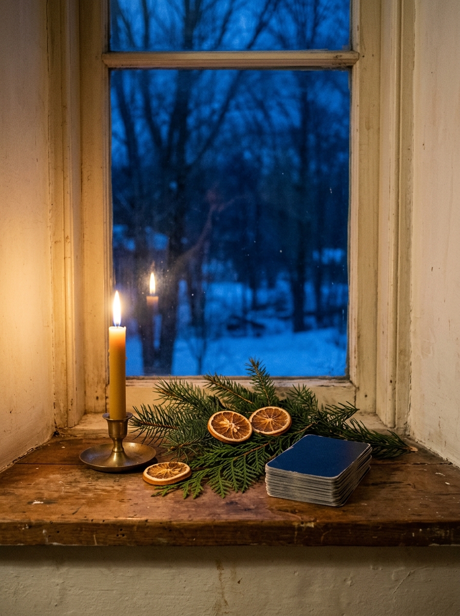 A dark winter windowsill at dusk with one lit candle, cut evergreen sprigs, dried orange slices, and a small stack of cards