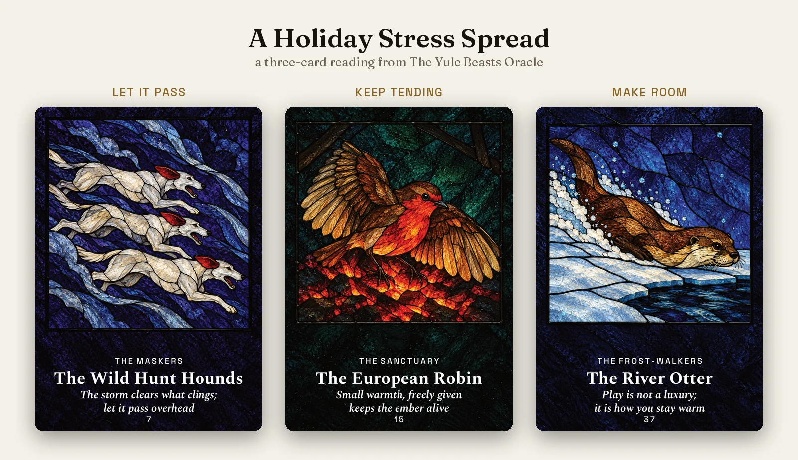 A holiday stress oracle spread: The Wild Hunt Hounds, The European Robin and The River Otter from The Yule Beasts Oracle.